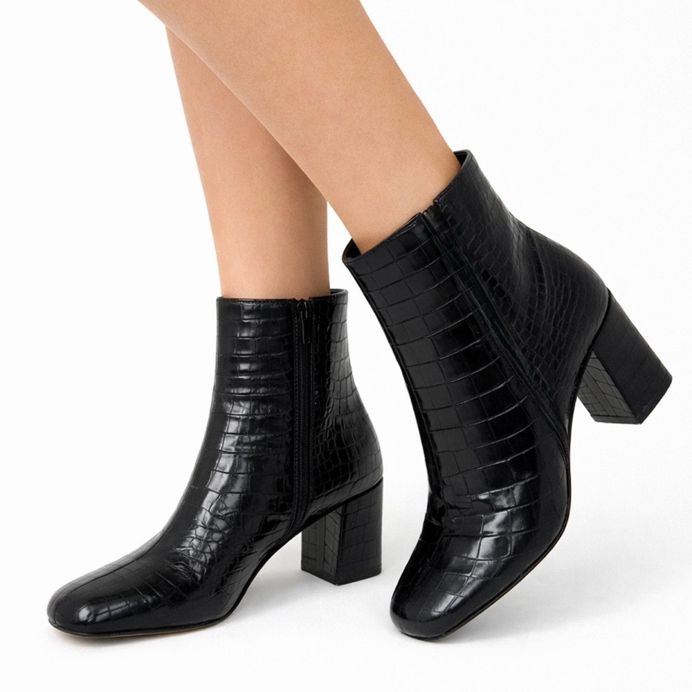 [French Connection] Black Croc-Embossed Ankle Boots